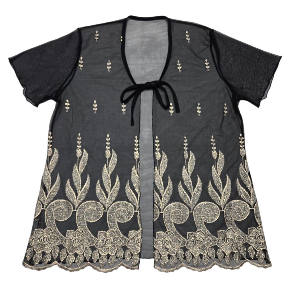 Open‎ Cardigan Womens Large Black Floral Sheer Mesh Boho Lightweight Whimsigoth